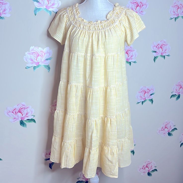 I-23 Max Studio Mini Dress Off The Shoulders Style Size: M Perfect For Summer! With White Stripes! 49% Cotton 44% Rayon 7% Linen Casual Yellow Mini Dress With Ruffles, Yellow Tiered Midi Dress For Summer, Yellow Tiered Mini Dress For Brunch, Yellow Short Sleeve Midi Dress With Ruffles, Yellow Tiered Mini Dress For Day Out, Yellow Knee-length Casual Sundress, Yellow Casual Knee-length Sundress, Casual Yellow Knee-length Sundress, Yellow Tiered Sundress For Summer