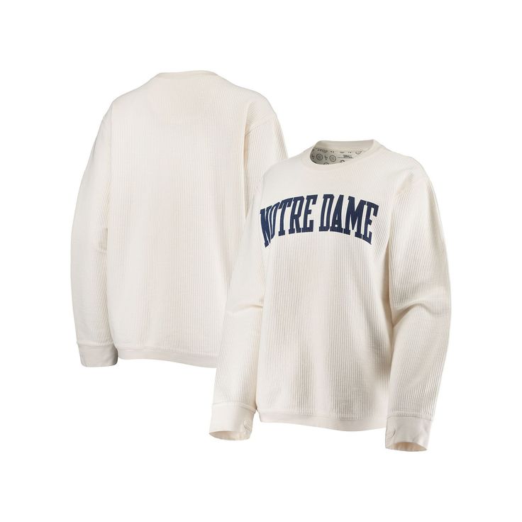 There's no need to cover up your festive game day getup when you've got this Comfy Cord Vintage Wash Basic Arch pullover sweatshirt from Pressbox. It features bold Notre Dame Fighting Irish graphics and a lightweight design, so it's easy to bring with you on the go. Every time you slip this fun sweatshirt on, you'll send good vibes toward the Notre Dame Fighting Irish.There's no need to cover up your festive game day getup when you've got this Comfy Cord Vintage Wash Basic Arch pullover sweatshi Fan Apparel Sweatshirt With Ribbed Cuffs, Fan Apparel Long Sleeve Sweatshirt With Ribbed Cuffs, Collegiate Sweater For Game Day, Collegiate Long Sleeve Sweater For Game Day, White Long Sleeve Sweater For Game Day, Varsity Crew Top For Fan Gear, Collegiate White Sweatshirt For Loungewear, White Crew Neck Sweater For Game Day, Collegiate Long Sleeve Fleece Top