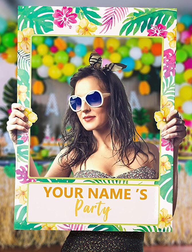 a woman wearing sunglasses holding up a sign with the words your name's party