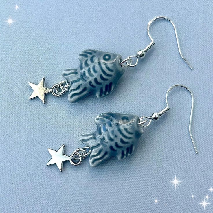 Japanese grey koi fish earrings. Cute ceramic bead koi fish carp star earrings. The koi fish has long been known as a lucky symbol of good fortune.  These earrings feature a unique design that is my own design making them a one-of-a-kind gift for your loved ones. The cute ceramic fish on the earrings are seen swimming upstream against the current, symbolizing perseverance and strength. The earrings also come with gold or silver plated hooks that add a touch of elegance to the design. Measuring a Fish Lanterns, Japanese Koi Fish, Japanese Jewelry, Fish Beads, Fish Earrings, Fish Jewelry, Money Success, Japanese Koi, Ear Piercing