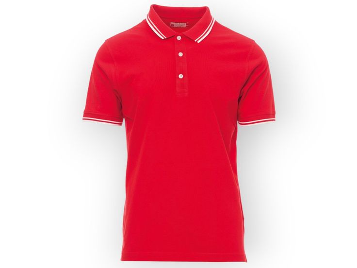 RED  Men's short-sleeved polo shirt with 3 white buttons, fine contrasting collar and sleeve trim, rib collar and sleeve edging, side vents with reinforced seams, concealed collar stitching, side reinforcement tape, stretch seams, inner neck tape. MATERIAL: 100% cotton WEIGHT: 210 g/m² Classic Short Sleeve Polo Shirt With Striped Collar, Classic Polo T-shirt With Striped Collar, Cotton T-shirt With Polo Contrast Collar, Workwear Polo Shirt With Contrast Collar And Short Sleeves, Workwear Polo Shirt With Contrast Collar, Workwear Polo Shirt With Contrast Trim, Short Sleeve Polo Shirt With Placket For Work, Short Sleeve Polo Shirt For Work, Fitted Short Sleeve Polo Shirt With Striped Collar