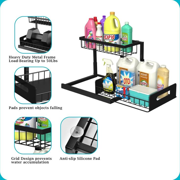 three tiered tray with cleaning products and detergents on it, labeled in description