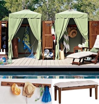 an outdoor pool area with chairs, umbrellas and other items on the deck next to it