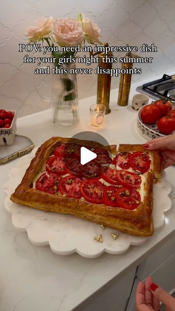 Liz on Instagram: "Comment “shop” if you would like links to anything seen in this video I have I will send you a DM!   I made tomato tart in the past, but this time I decided to elevate it with the pistachio whipped feta and let me tell you, I could’ve eaten the entire thing by myself🙈.   Tomato Tarte with pistachio whipped feta  ✨puff pastry  ✨1 egg ✨pistachio whipped feta  ✨tomatoes  ✨chopped pistachios  ✨salt and pepper ✨evoo ✨optional hot honey for drizzling   Pistachio whipped feta   ✨8 oz feta ✨4 oz cream cheese ✨1 oz Parmesan cheese ✨1/4 cup pistachio ✨1 garlic ✨2 Tablespoons evoo ✨2 Tablespoons lemon juice (about 1 whole lemon)  ✨1 Tablespoon honey  ✨splash of milk (optional for thinner  consistency)  Blend all ingredients in a food processor. If you’re using a blender you may ne Puff Pastry Recipes Savory Tart, Galette Recipe Savory, Whipped Feta Recipe, Tomato Tarte, Summer Appetizers, Feta Recipe, Puff Pastries, Artisan Pizza, Feta Recipes