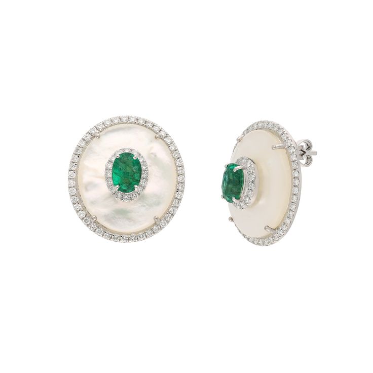 Designer Mother Of Pearl Gemstone Earring 18k White Gold Natural Diamond Stud Earring / Dainty Emerald Post Earring For Wedding Anniversary STONE DETAILS : ❋ Stone : Emerald, Mother Of Pearl & Diamond   ❋ Stone Size : 5x7 MM / 18x21 MM Approx. (± 0.20 MM) ❋ Stone Shape : Oval Cut ❋ Stone Color : As Shown In Picture ❋ Color Stone Weight : 22.19 Cts. Approx. ❋ Diamond Weight : 1.49 Cts. Approx. ❋ Diamond Quality : FG-SI ❋ Stone / Diamond Type : Natural METAL DETAILS : ❋ Metal Purity : Solid 18K Go Multi-stone White Gold Earrings For Formal Occasions, Luxury Multi-stone Diamond Earrings For Anniversary, Luxury Multi-stone White Gold Earrings, Luxury White Gold Multi-stone Earrings, Luxury Oval Diamond Earrings With Gemstones, Luxury Multi-stone Diamond Earrings, Elegant Multi-stone Diamond Earrings, Luxury Multi-stone Earrings For Anniversary, Formal Multi-stone Round Earrings