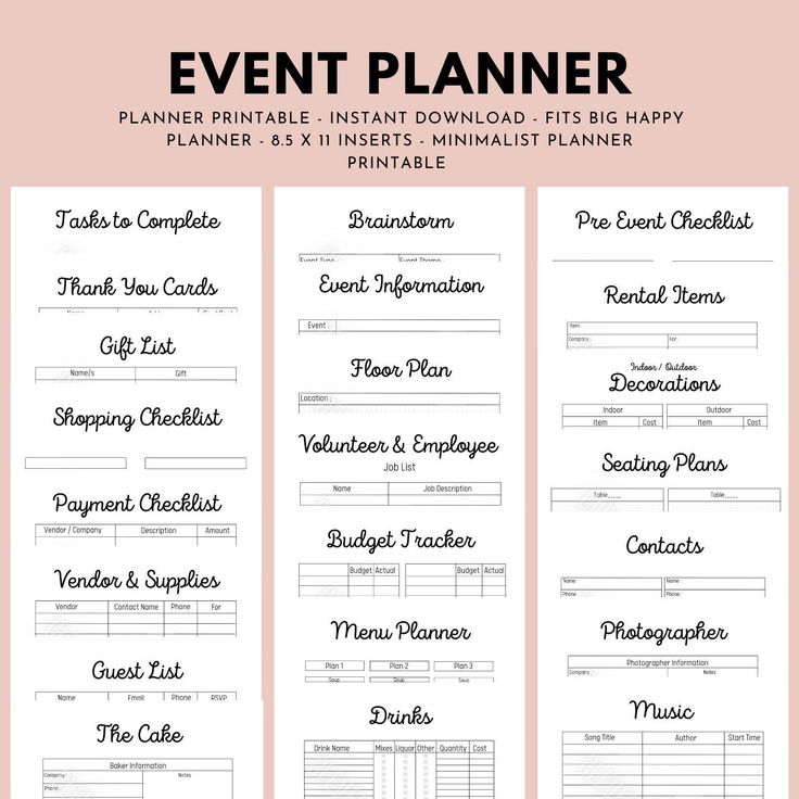 the printable event planner is shown in black and white, with text on it