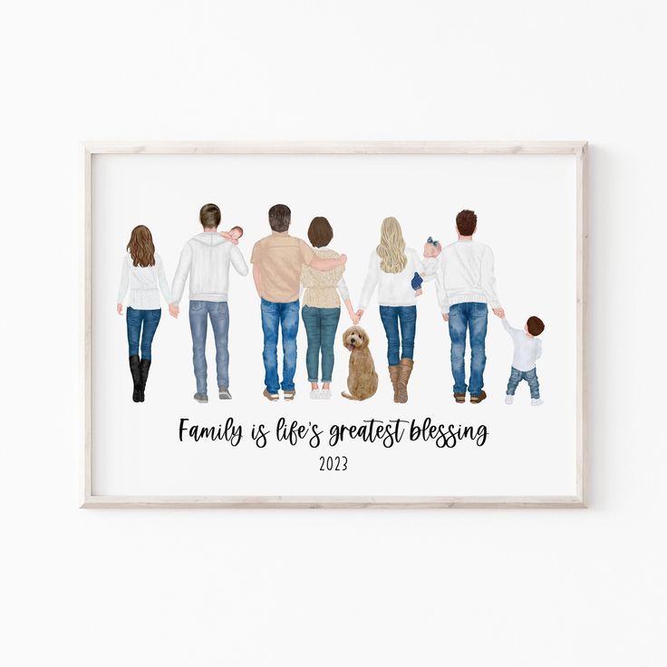 the family is here's greatest blessing watercolor print on white paper in a wooden frame