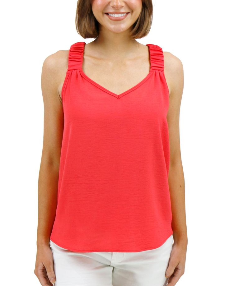 Coral Summer Floral Tank | Red V-Neck Tank Top The new Summer Floral Tank is here for all your laid-back summer looks! This ultra-lightweight tank features playful details like cinched, non-adjustable straps with a nice flowy bodice, all in deep coral color that will bring a fun pop of color to any outfit. Summery, fun, and flattering - it’s that simple. Why you’ll love it: Lightweight tank top in a summery coral color Unique, shirred elastic straps for a touch of detail Ruching at straps and fl Versatile V-neck Tank Top For Summer, Casual V-neck Tank Top With Straps, Summer V-neck Tank Top With Straps, V-neck Straps Tank Top For Summer, V-neck Tank Top With Straps For Summer, Casual Summer Tank Top With Straps, Solid Summer Tank Top With Adjustable Straps, Casual V-neck Tank Top With Adjustable Straps, Red Summer Camisole With Tank Straps