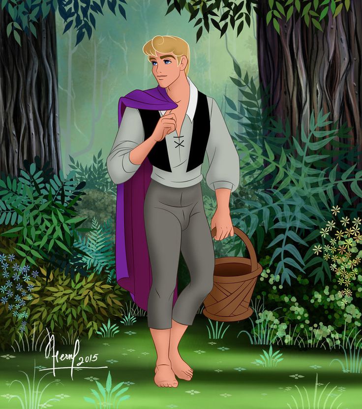 the prince is walking through the jungle with his purple scarf around his neck and holding a basket