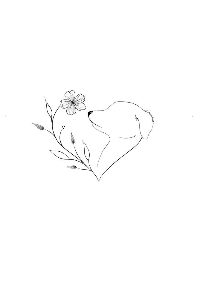 a black and white drawing of a dog smelling a flower in the shape of a heart