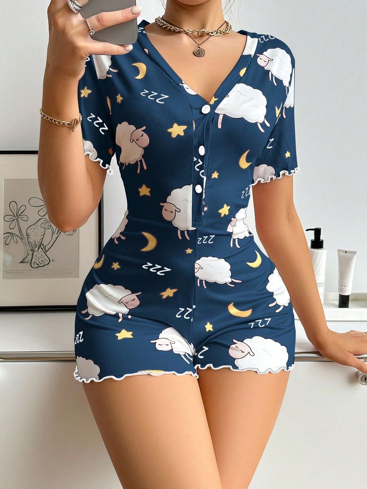 Royal Blue  Collar Short Sleeve Knitted Fabric Animal,Cartoon  Embellished Slight Stretch All Women Sleep & Lounge Baddie Pajama Outfits, Cartoon Sheep, Sleepwear Women Pajamas, Short Pajamas, Women Cartoon, Printed Flare Pants, Cute Pajama Sets, Women Pajamas, Azul Real