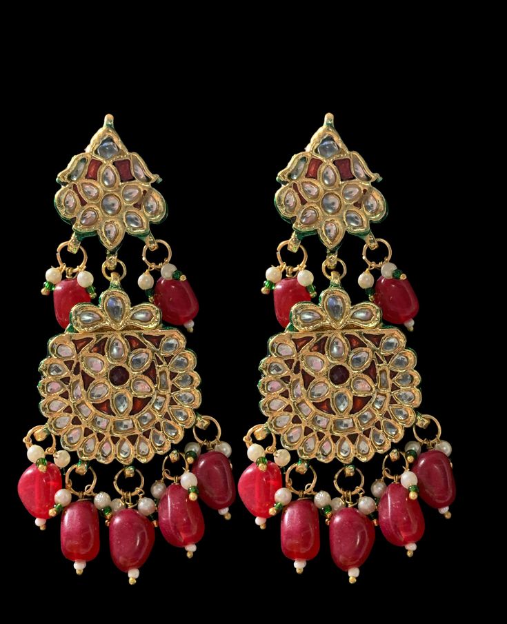 meenakari Rani haar made using high quality bikaneri kundan meenakari work on the back 22ct gold plating Traditional 22k Gold Bridal Earrings For Festive Occasions, Gold Kundan Tikka With Cutdana, Gold Kundan Jhumkas For Festivals, Gold Kundan Tikka For Festive Occasions, Festive Gold Kundan Tikka, Festive Kundan Tikka With Zari Work, Gold Chandbali Tikka With Zari Work, Navratri Kundan Tikka With Pallu Detail, Traditional Kundan Tikka For Navratri