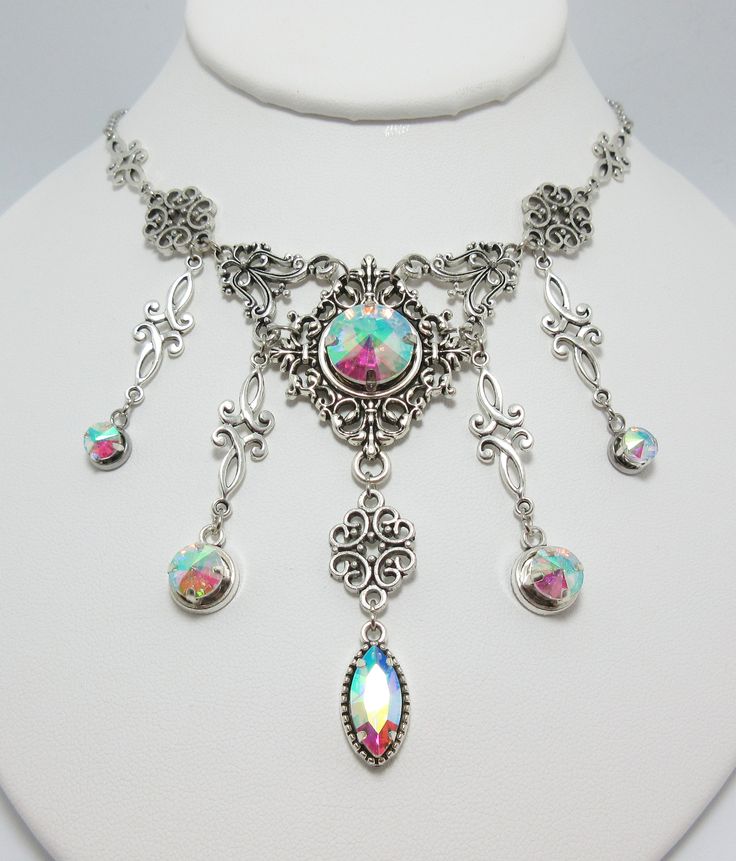 "This is a new handmade necklace. It is made with antiqued silver plated filigrees, accented with high quality CRYSTAL CLEAR AB glass jewels/rhinestones that sparkle like crystals. Decorated portion is 6 1/2\" wide and 3 1/4\" tall in the center. Necklace is adjustable 15-18\" with a lobster clasp and chain extender. If you would like a different length, please send us a message. Matching earrings and headpiece are listed in our store." Silver Necklace For Fantasy Events, Silver Gothic Jewelry For Fantasy Events, Gothic Metal Jewelry For Fantasy Events, Elegant Silver Jewelry For Fantasy Events, Gothic Silver Nickel-free Necklaces, Gothic Silver Necklaces Nickel-free, Silver Gothic Jewelry For Jewelry Making, Silver Gothic Necklaces For Fantasy Events, Gothic Silver Nickel-free Necklace