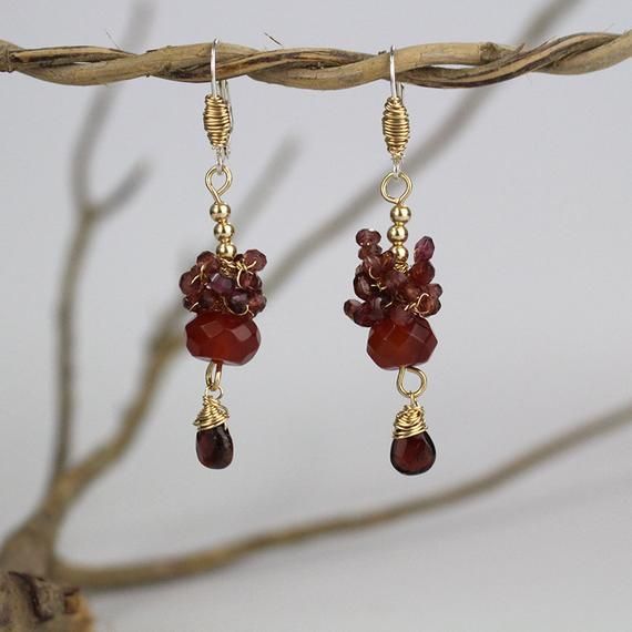 Garnet Raspberry Cluster Earrings, Garnet Birthstone Earrings, Red Garnet Earrings, Garnet Jewelry, Red Garnet Wire Wrapped Earrings, Burgundy Dangle Earrings, Handmade Burgundy Earrings For Gift, Garnet Drop Earrings With Ear Wire, Handmade Garnet Drop Earrings, Handmade Burgundy Drop Earrings, Handmade Burgundy Dangle Earrings, Gold Garnet Dangle Earrings, Handmade Garnet Earrings For Anniversary