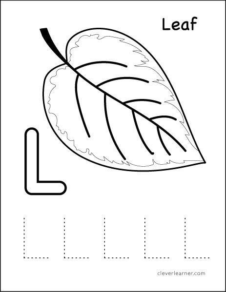 the letter l is for leaf coloring page with an image of a leaf on it