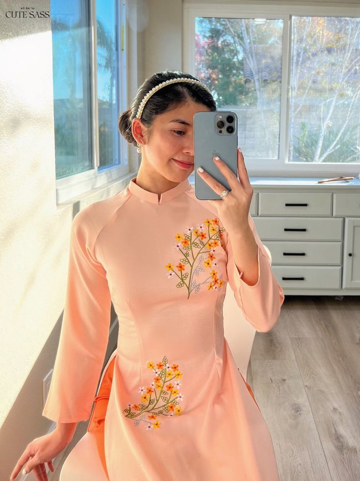 At Ao Dai by CuteSass, you will find the most stylish ao dai in wide size range and at reasonable prices. We are moving our ao dai collection from CuteSass here to provide you with the best experience. You can read our 5000+ reviews at: cutesass.etsy.com ❣️ This set includes one Ao Dai Top and Pants Style: Traditional Material: Tay Thi Silk Top, chiffon pants. Stretchy ❣️ This beautiful and modern ao dai set is perfect for any special occasions: Lunar NewYear, Mid Autumn Festival, Attending Wedd Fitted Embroidered Sets For Spring, Embroidered Fitted Sets For Spring, Embroidered Fitted Set For Spring, Fitted Embroidered Spring Sets, Vietnamese Traditional Clothing Women, Vietnamese Traditional Clothing, Peach Embroidery, Modern Ao Dai, Vietnamese Ao Dai