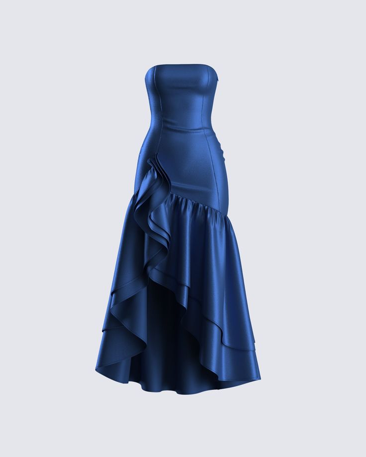 Leave them in awe when you walk in wearing this navy ruffle maxi dress 👑 Crafted from satin charmeuse fabric, and complete with a layered ruffle hem, a slit on the left leg, princess seams, and gripper tape along the top opening for an elegant and breathtaking look 💙 Very Formal Dresses, Cheap Winter Formal Dresses, Blue Dress For Homecoming, Black Dress With Blue Accessories, Prom Dresses Timeless, Paris Themed Dress, Mamma Mia Formal Dress, Long Blue Silk Dress, Dress Bottom Designs