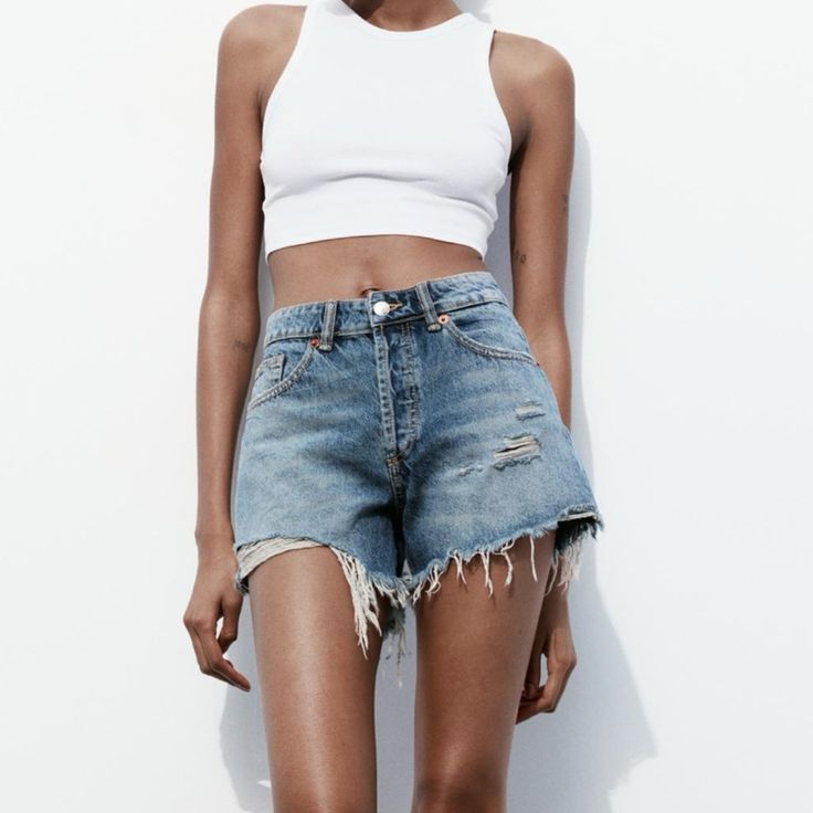 Brand New Denim Shorts. They Are Sold Out Online Zara Cutoff Jean Shorts For Spring, Chic Ripped Bottoms For Everyday, Chic Zara Jeans, Zara Denim Shorts For Summer, Zara High Rise Jeans For Summer, Chic Everyday Ripped Bottoms, Zara High Rise Jean Shorts For Summer, Zara Straight Leg Jean Shorts, Everyday High Waist Ripped Bottoms