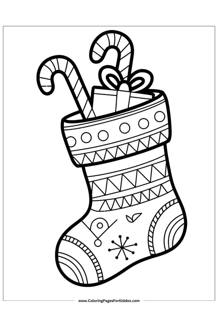 A decorated Christmas stocking with candy canes and a gift, ideal for December-themed coloring. Cute Christmas Coloring Pages Aesthetic, Christmas Colouring In Pages, Christmas Bluey Coloring Pages, Christmas Pictures To Color Printable, Easy Christmas Coloring Pages For Kids, Free Kids Christmas Coloring Pages, Christmas Coloring Pages Aesthetic, Christmas Activities For Kids Printable Free, Christmas Printable Coloring Pages