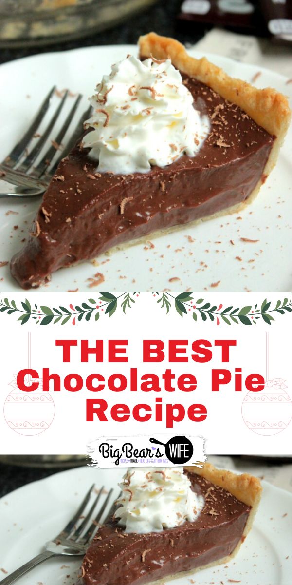 the best chocolate pie recipe on a white plate with fork and whipped cream in it