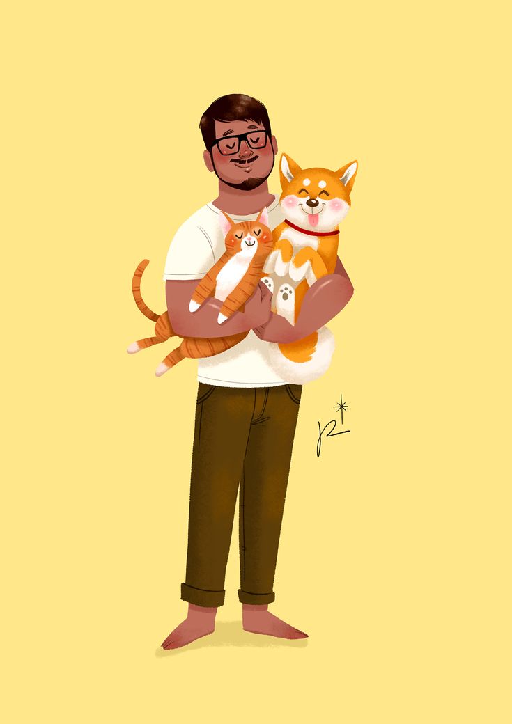 a man holding a cat in his arms and smiling at the camera while standing against a yellow background