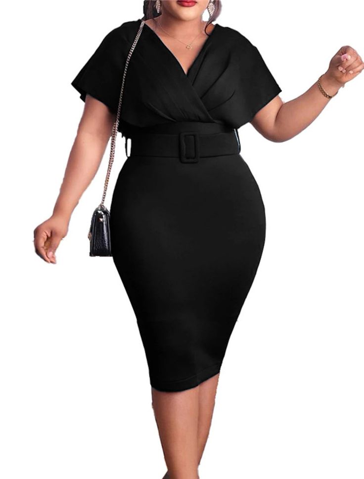 Women‘s Plus Size Curve Easter Dress Work Dress Solid Color V Neck Short Sleeve Spring Dress Fall Work Formal Knee Length Dress Date Vacation Dress Plus Size Easter Dress, Pencil Dress Wedding, Knee Length Dresses Formal, Dress Date, Midi Dress Elegant, Work Formal, Bodycon Cocktail Dress, Dress Work, Midi Pencil Dress