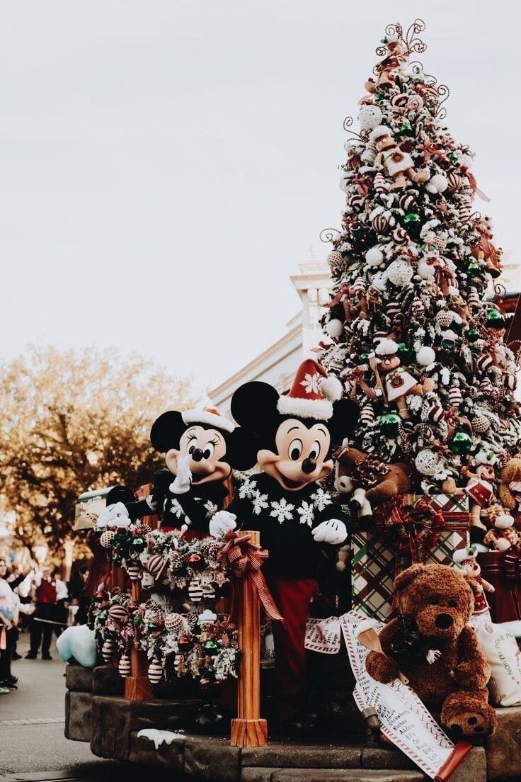 mickey and minnie mouse christmas decorations on display in front of a disney world holiday tree