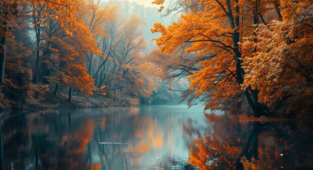 a lake surrounded by trees with orange leaves