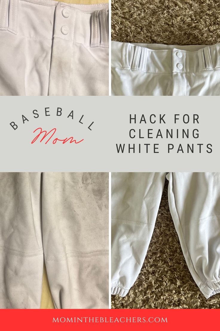 baseball mom's white pants with the words hack for cleaning white pants