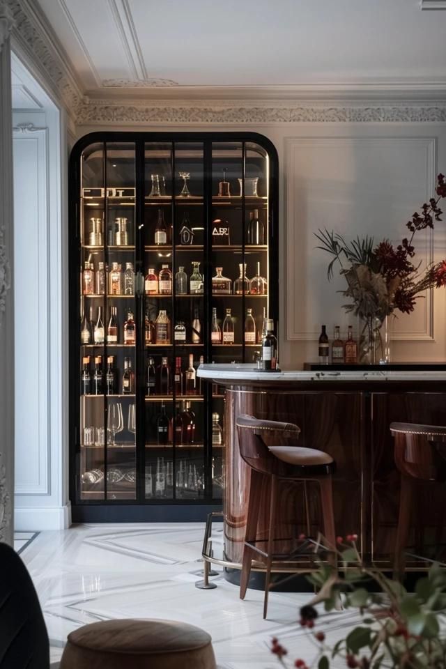 5 Home Bar Design Ideas for a Chic Look Library Bar Home, Residential Bar Design Modern, Parisian Home Bar, At Home Bar Room, Open Shelf Bar Ideas, Formal Living Room Bar Ideas, Home Bar Alcove, Rounded Bar Design, Arched Bar Nook