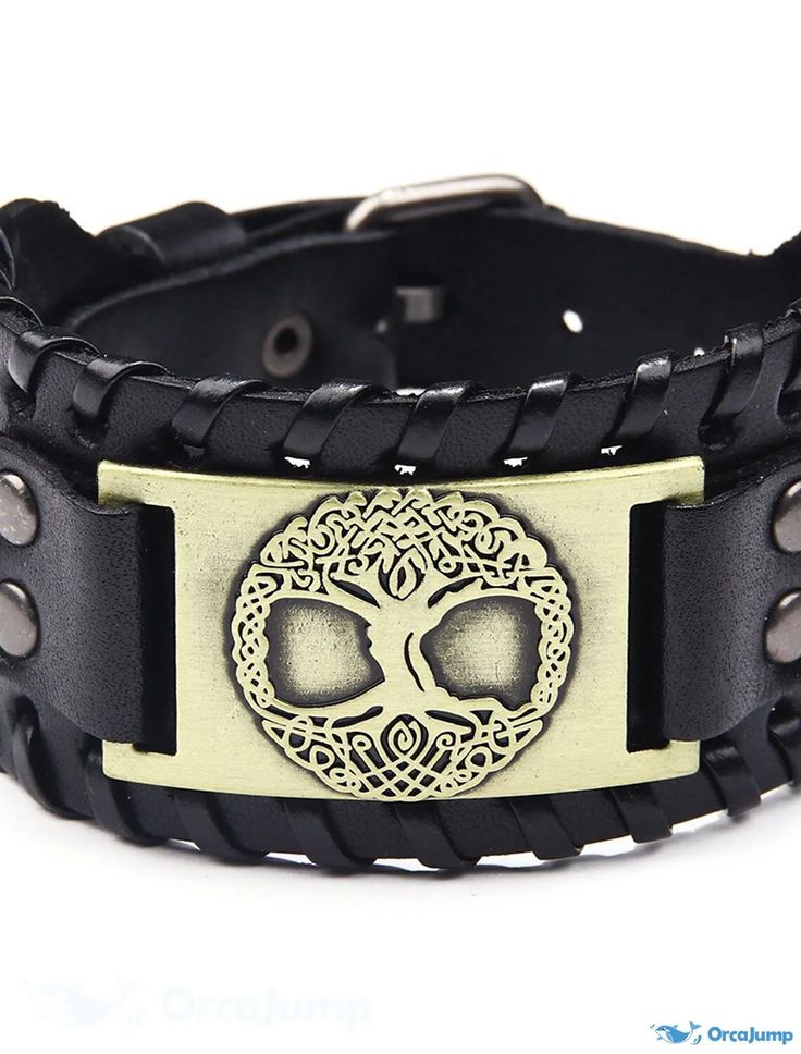 OrcaJump - Leather Punk & Gothic Viking Bracelet with Nordic Amulet, Scandinavian Talisman, & Celtic Jewelry Vintage Black Leather Bracelet As Gift, Vintage Black Leather Bracelet For Gift, Black Adjustable Vintage Bracelet, Black Adjustable Vintage Bracelets, Vintage Adjustable Black Bracelet, Vintage Black Adjustable Bracelet, Handmade Punk Wristband As Gift, Handmade Punk Wristband For Gift, Handmade Punk Wristband Ideal For Gift