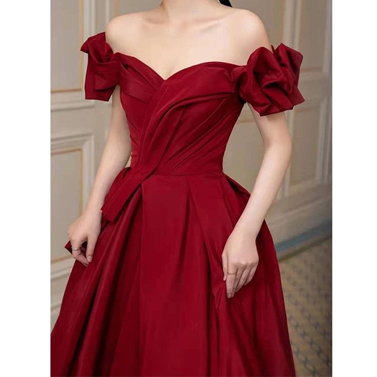 Olivia Mark - Fugitive Princess Bride Wine Red Engagement Gown with Off-shoulder Evening Dress Satin Long Prom Dress, Engagement Gown, Red Prom Dress Long, Off Shoulder Evening Dress, Formal Clothes, Beaded Party Dress, A Line Prom Dress, Burgundy Bridesmaid, A Line Evening Dress