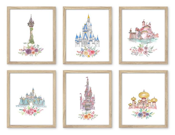 six watercolor disney castle prints are shown in four different frames, each with flowers and buildings