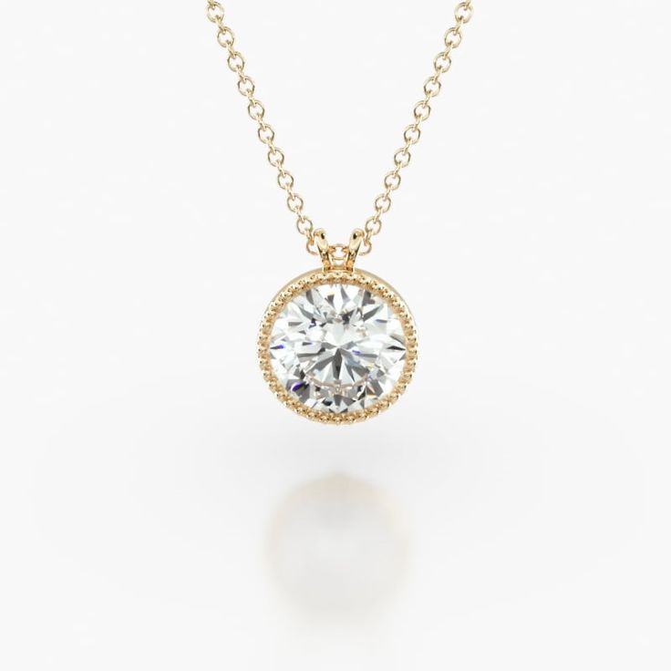 14K Yellow Gold Milgrain Bezel Diamond Pendant (1.00 CTW - H-I / SI1-SI2). This design is the perfect mix of modern and vintage design, crafted to accent the beauty of a round brilliant diamond with a milgrain bezel and rolled wire basket. This pendant comes on an 18 inch chain with a lobster clasp. Luxury Solitaire Necklace With Lab Grown Diamond, Luxury Solitaire Necklace With Prong Setting, Luxury Solitaire Necklace With Round Cut, Classic Gold-color Platinum Diamond Necklace, Luxury Solitaire Necklace With Round Lab-grown Diamond Pendant, Luxury Solitaire Necklace With Lab Grown Diamond Round Pendant, Luxury Solitaire Necklace With Round Lab Grown Diamond Pendant, Classic Solitaire Necklace With Bezel Setting, Luxury Round Lab Grown Diamond Necklace