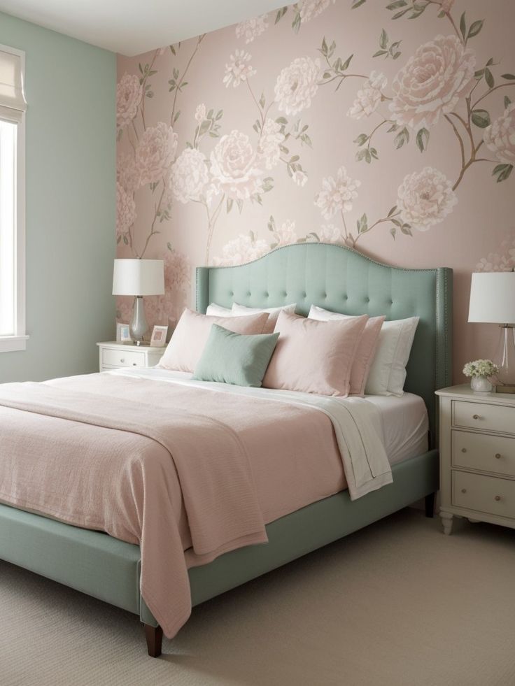 a bedroom with floral wallpaper and pastel pinks on the walls, along with a green headboard