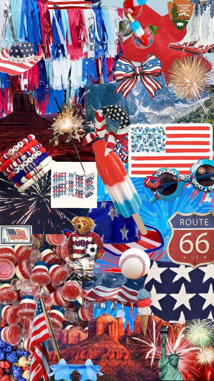 a collage of american flags, balloons, and other items in red, white, and blue