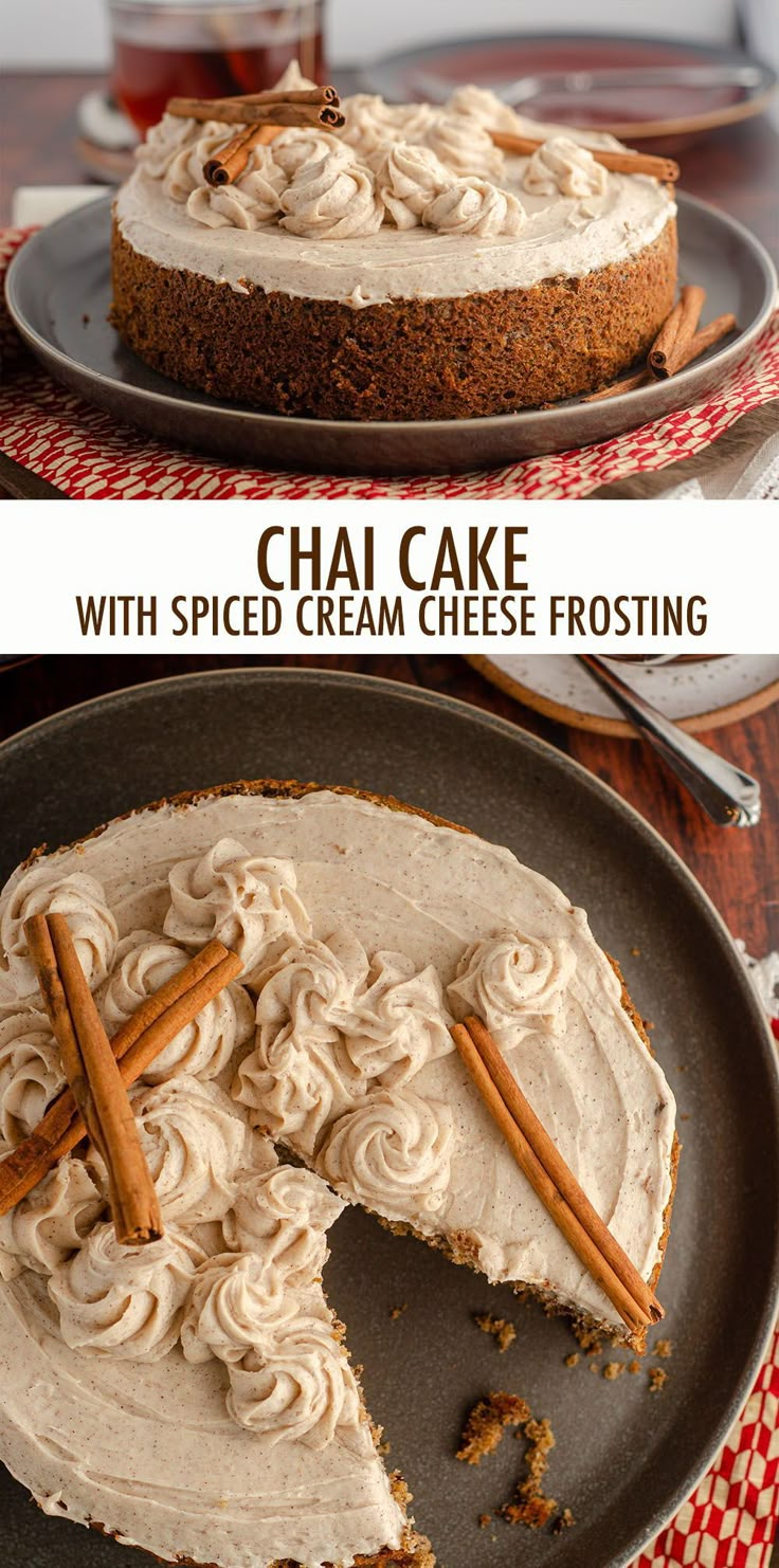 two pictures of a cake with cream cheese frosting and cinnamon sticks on the top