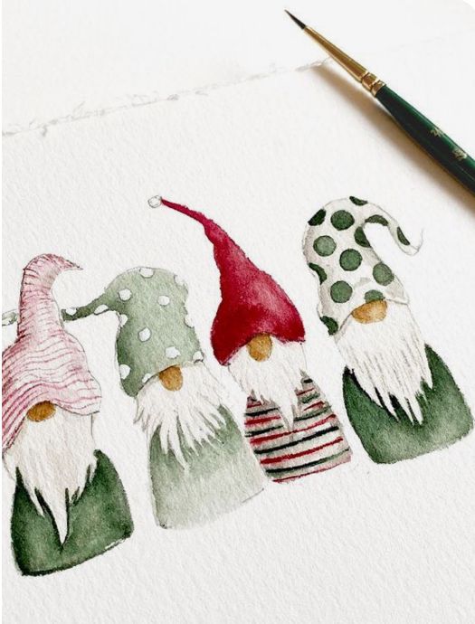 three gnomes painted in watercolor on white paper with green and red polka dots