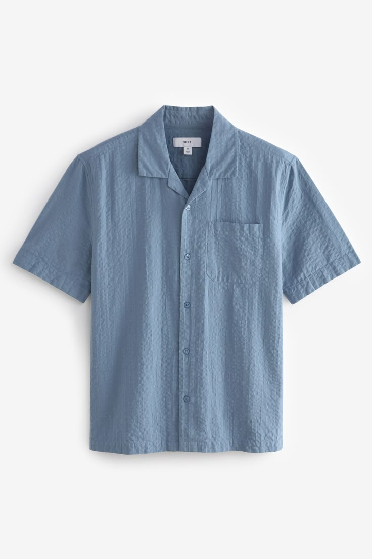 Upgrade your summer style with our men's short sleeve cuban collar shirt. Crafted from a lightweight seersucker cotton fabric, this stylish shirt is complete with short sleeves, a cuban collar and button fastening. 100% Cotton. Short Sleeve Mens Shirt, Man Blue Outfit, Men Summer Shirt, Cuban Collar Shirt Men, Ellie Cosplay, Cuban Collar Shirt, Summer Shirts Men, Collar Shirt Men, Shirts For Boys