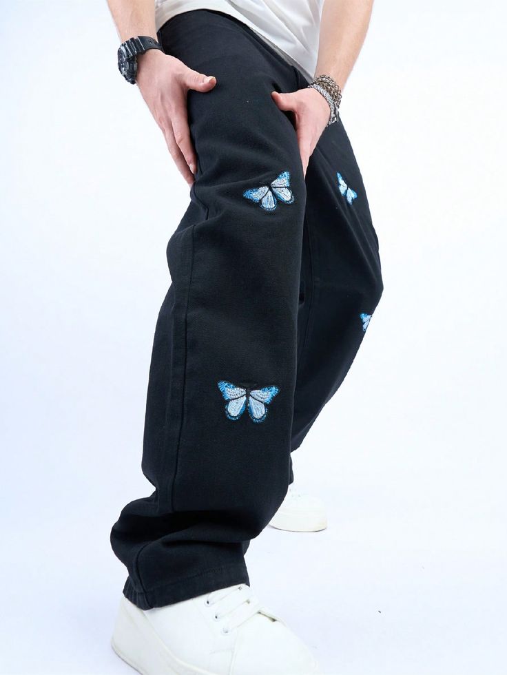 Men Loose Fit Cotton Butterfly Embroidery Straight Leg Jeans Black    Denim Animal,Butterfly Straight Leg Non-Stretch  Men Clothing, size features are:Bust: ,Length: ,Sleeve Length: Jeans With Butterflies, Straight Leg Jeans Black, Butterfly Clothes, Butterfly Embroidery, Star Jeans, Men Clothing, Mens Denim, Black Denim, Straight Leg Jeans