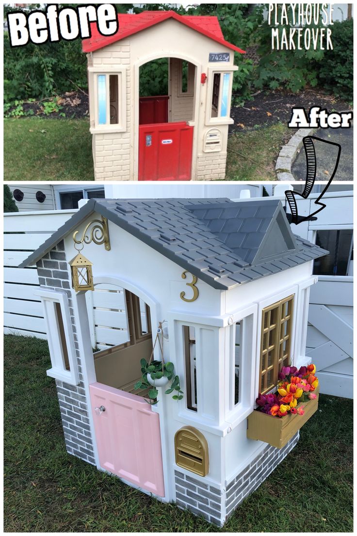 before and after photos of a dollhouse makeover with fake flowers in the window