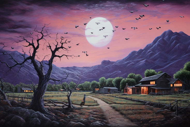 a painting of a house in the mountains with birds flying over it at night time