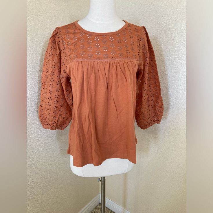 Brand Nwt Never Worn J. Crew Eyelet Blouse With Eyelet 3/4 Sleeves. Lightweight Cotton Perfect With Shorts Or A Skirt. Color: Burnt Orange Fabric: 100% Cotton Size: S Feminine Cotton Puff Sleeve Top For Fall, Cotton Peasant Top With Puff Sleeves For Brunch, Fall Daywear Tops With Balloon Sleeves, Balloon Sleeve Tops For Daywear In Fall, Fall Balloon Sleeve Tops For Daywear, Spring Cotton Peasant Top With Blouson Sleeves, Cotton Puff Sleeve Top For Fall Day Out, Fall Lantern Sleeve Puff Top For Day Out, Fall Cotton Puff Sleeve Top With Blouson Sleeves