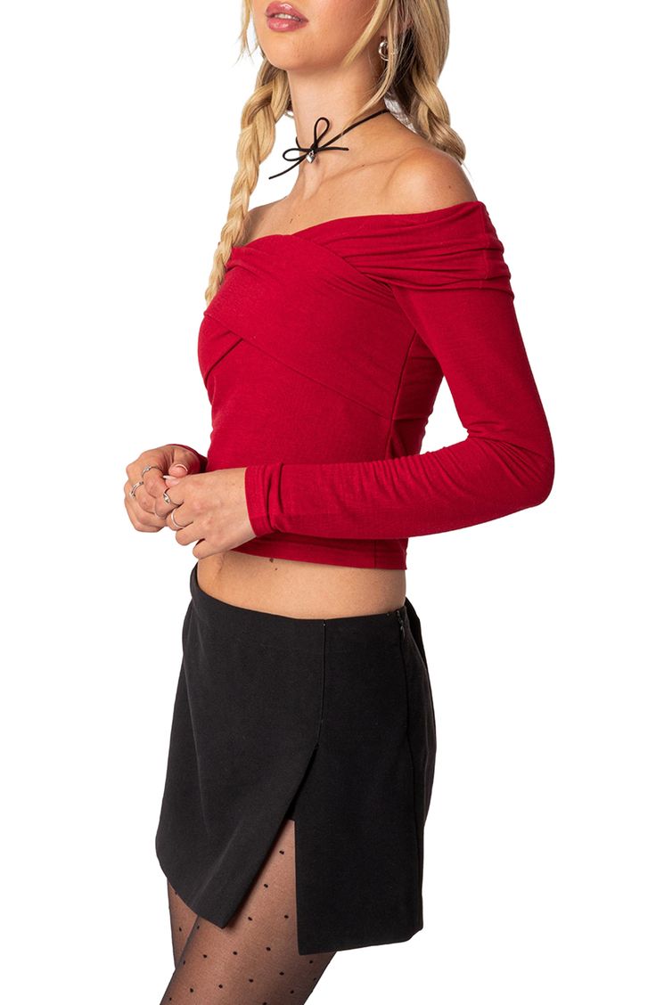 Elevate your night-out style with this bright and bold crop top featuring a shoulder-baring neckline. Off-the-shoulder neck Long sleeves 95% polyester, 5% spandex Machine wash, dry flat Imported Stretch One Shoulder Crop Top For Night Out, Fitted One Shoulder Crop Top For Night Out, Trendy Cropped One-shoulder Top For Night Out, Trendy Cropped One Shoulder Top For Night Out, Trendy Off-shoulder Crop Top For Parties, One-shoulder Stretch Top For Date Night, One Shoulder Stretch Top For Date Night, Stretch One-shoulder Top For Date Night, Stretch One Shoulder Top For Date Night