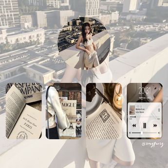 a woman standing on top of a building next to an umbrella and magazine pages in front of her