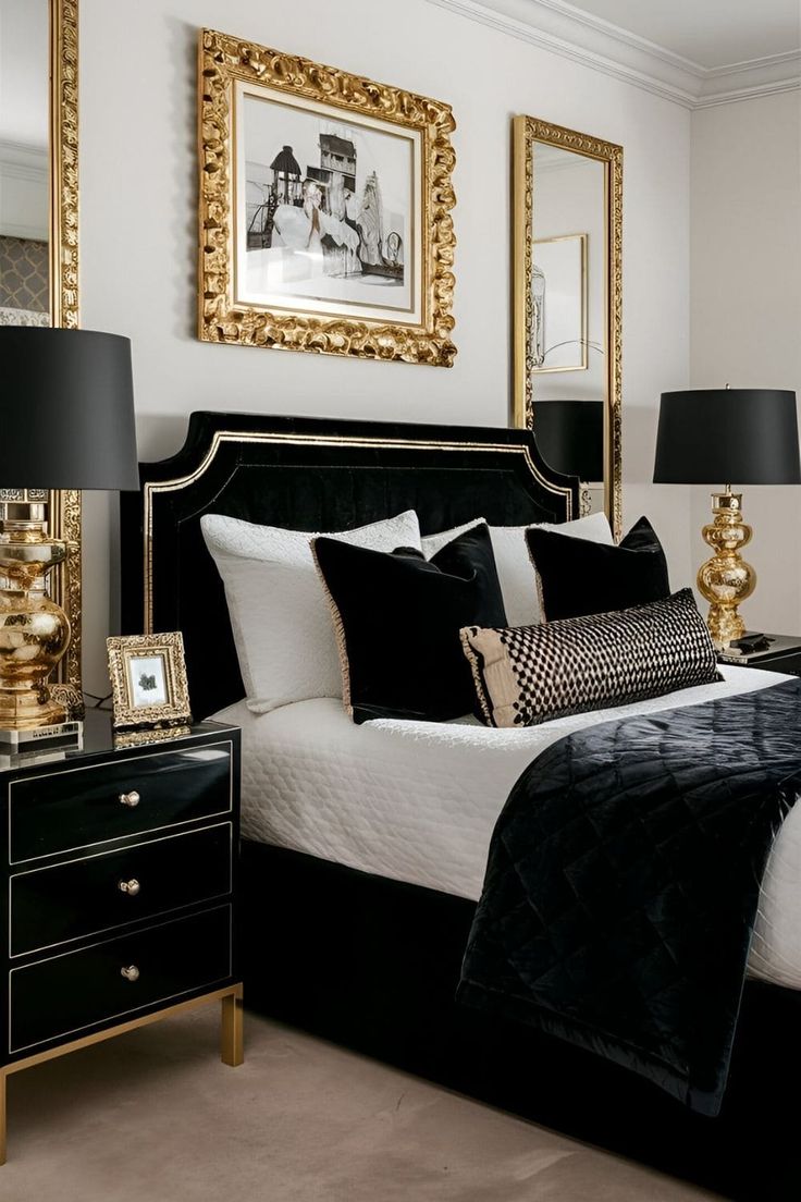 a black and white bedroom with gold accents