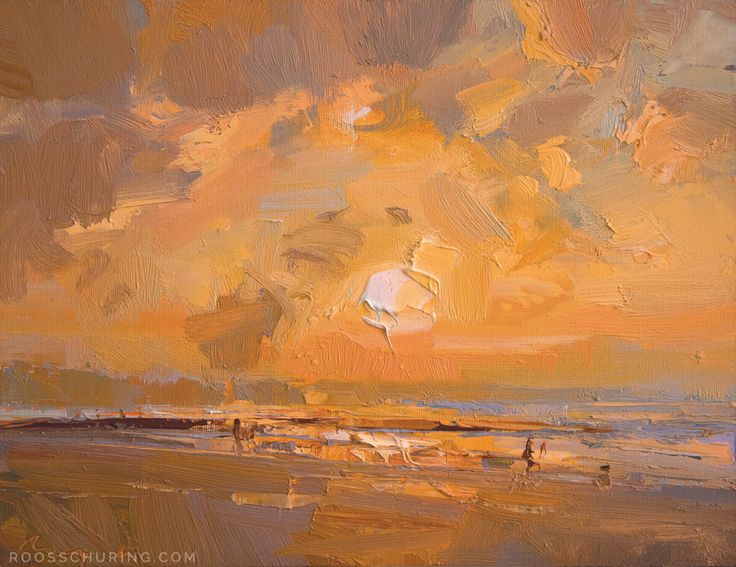 an oil painting of a sunset on the beach with people walking in the sand and clouds