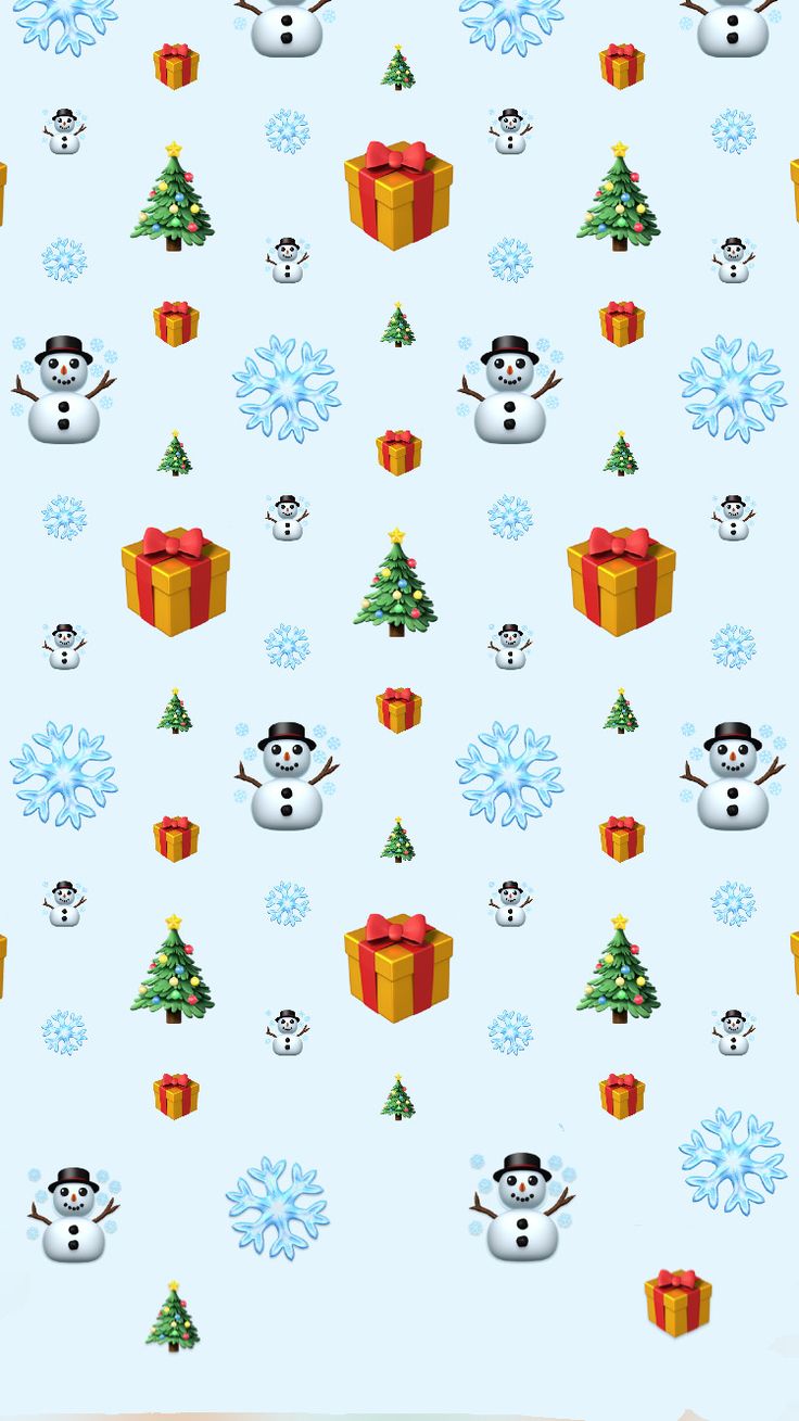 snowmen with presents and trees on a blue background for wallpaper or wrapping paper