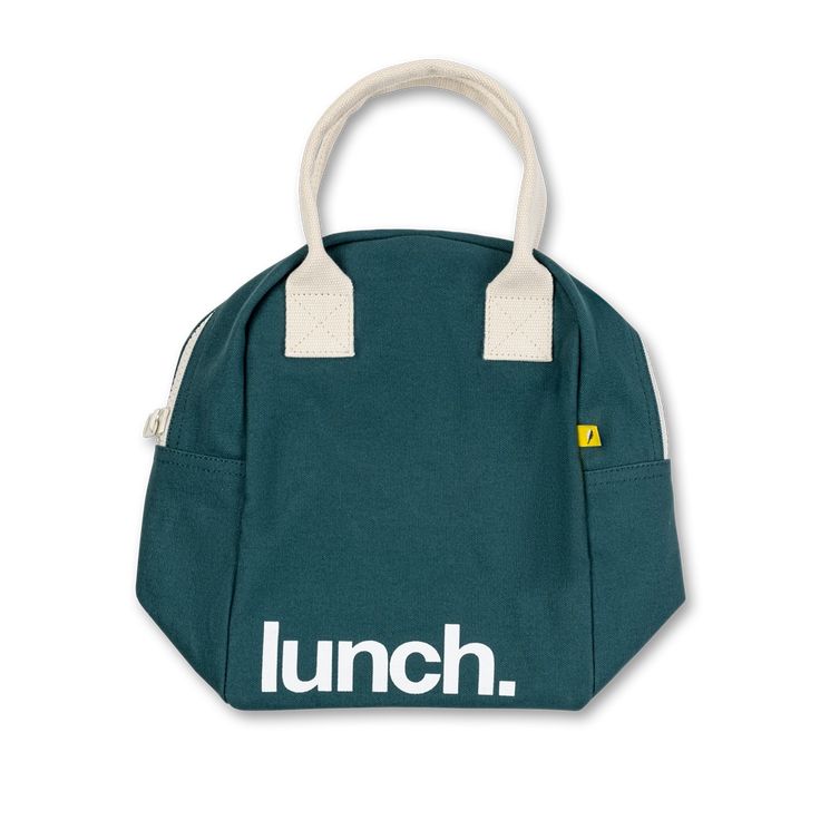 lunch bag in green and white with the word lunch printed on the front, sitting against a white background