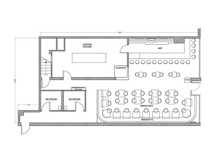 the floor plan for a restaurant with tables and chairs, an office desk, and several seating areas